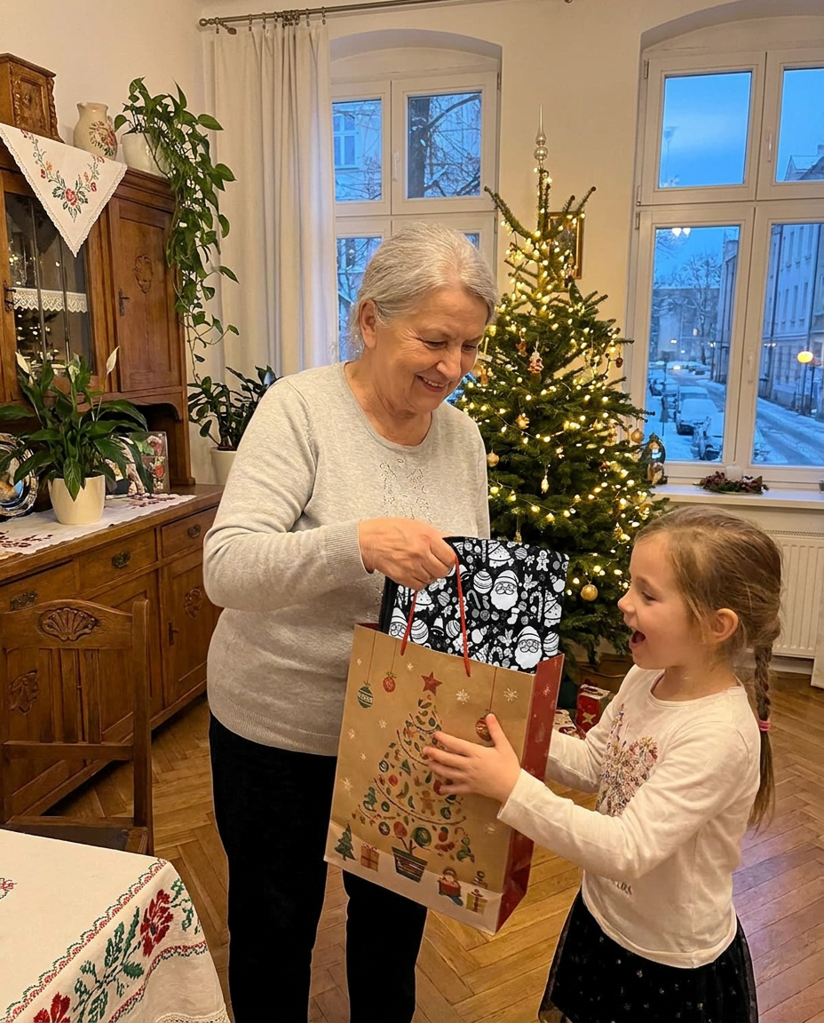 Babcia daje wnuczce koc w prezencie